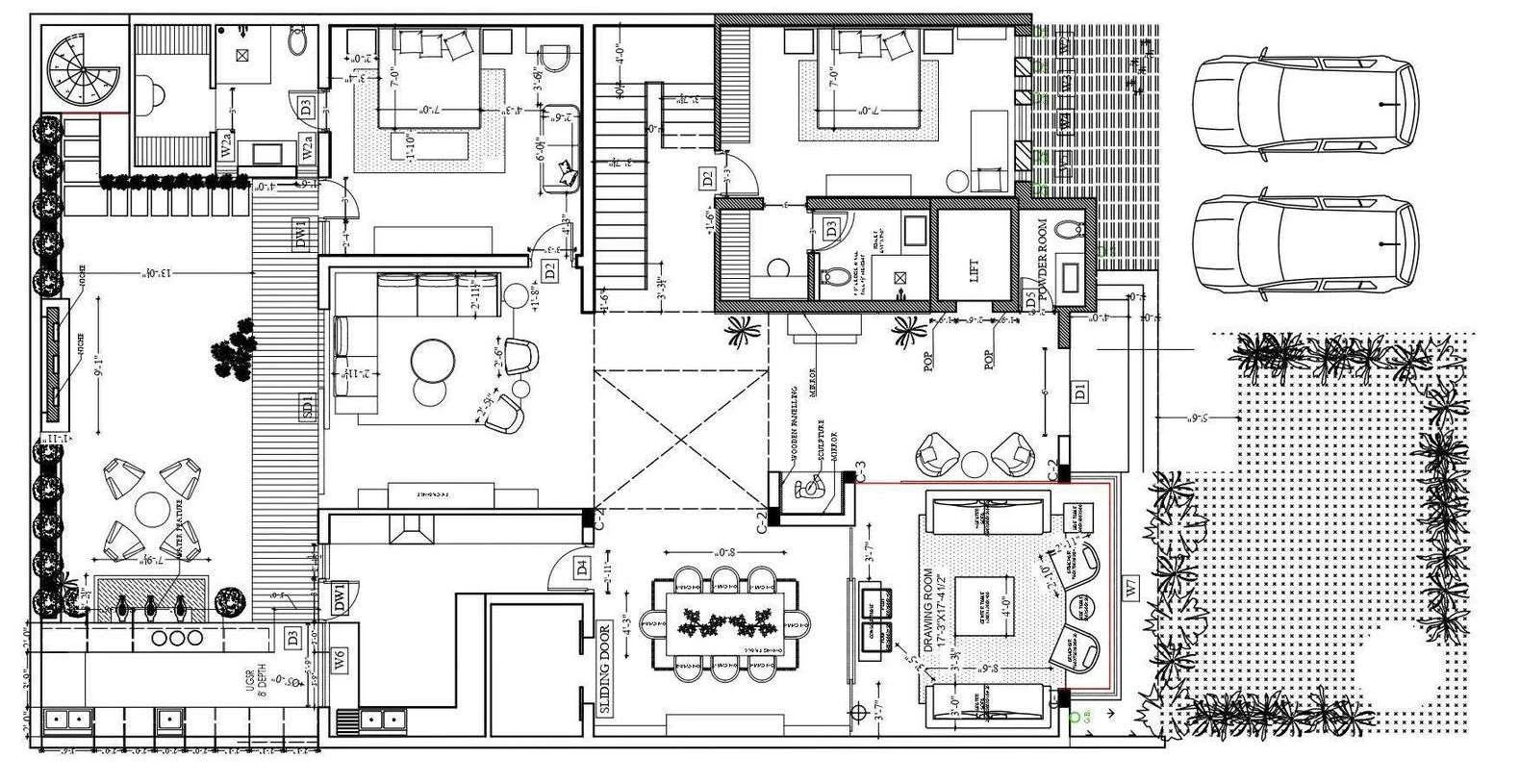 Ground floor plan of the Panchkula residence: landscaped forecourt with car ports, entrance foyer, living and dining spaces, and a planted rear garden.