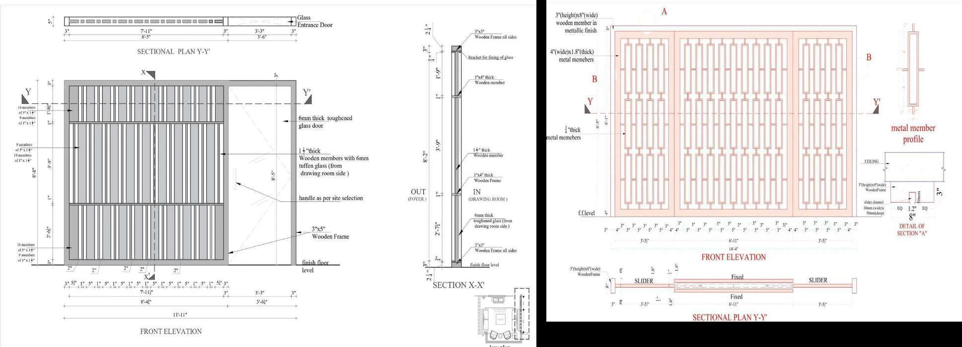 Wooden partition detail and metal partition detail side by side: sectional plans, front elevations and sections with member profiles.