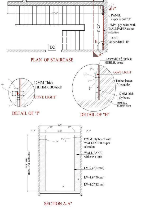 Staircase plan with section Y-Y, POP work groove detail and skirting profile.