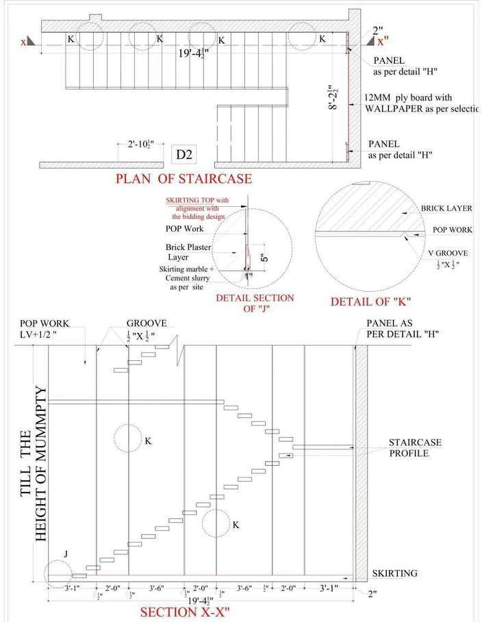 Plan of staircase with section X-X, panel and groove details and a wall panel build-up.