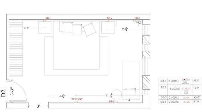 TV wall detail: elevation with module schedule and a plan showing the seating arrangement.