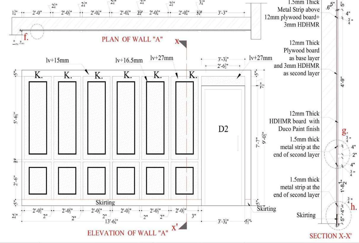 Plan and elevation of Wall A with a full material build-up: 1.5 mm metal strip above 12 mm plywood board as base layer and 3 mm HDHMR as second layer, with section X-X.