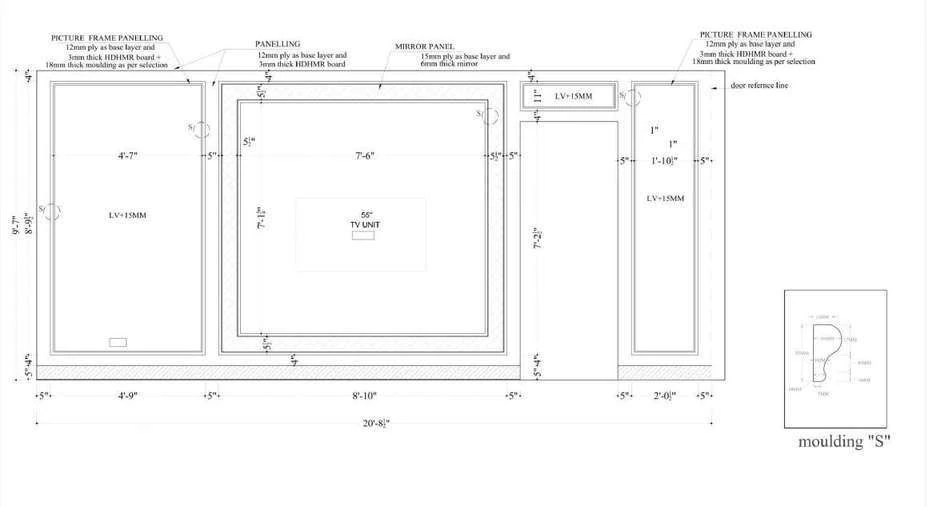 Bedroom wall panelling detail with picture frame panelling and moulding S, fully dimensioned.