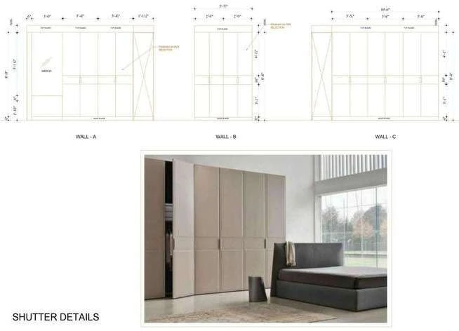 Wardrobe shutter elevations for walls A, B and C with a rendered view of the finished wardrobe run.