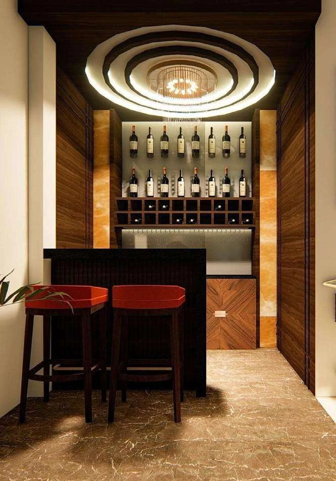Bar with a dark counter and red stools, backlit bottle display, and a rippled concentric wooden ceiling.