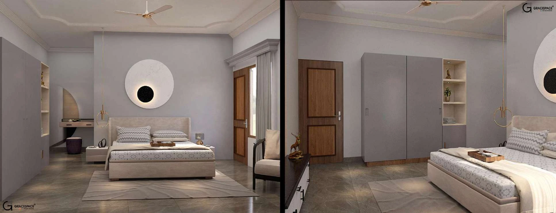 Two further bedroom interior views with circular wall recesses, a pale palette and built-in wardrobes.