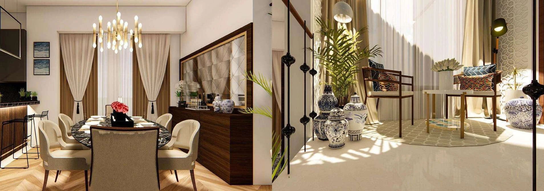 Dining area with a marble and wood table under a brass chandelier, and a mid-landing casual seating area with wooden armchairs and painted porcelain pots.