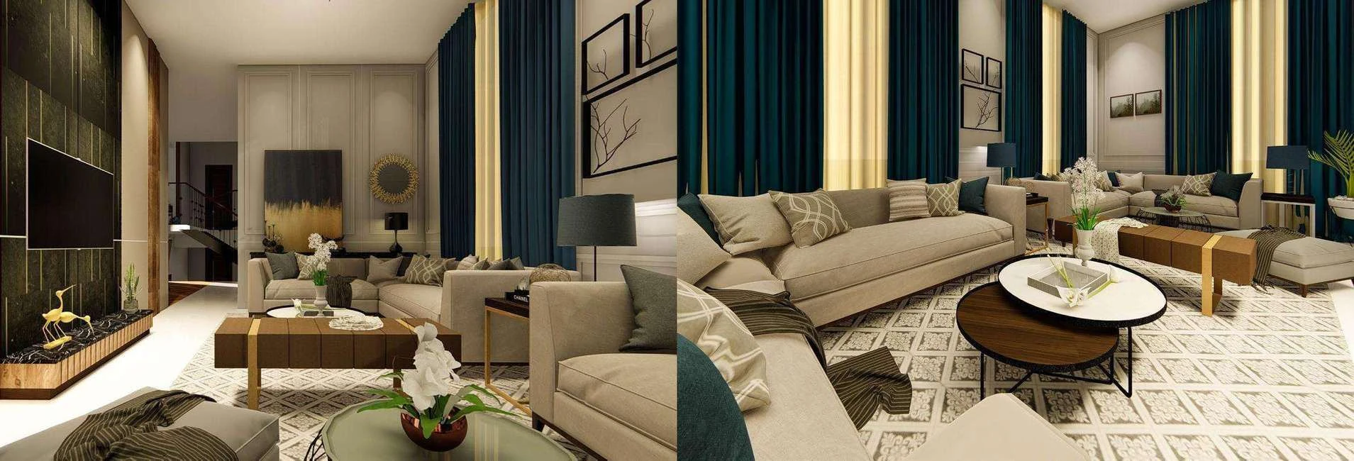 Two views of the renovated living room: shades of neutral brown, grey, navy blue, tan and mint paired with brass accents around a low table.