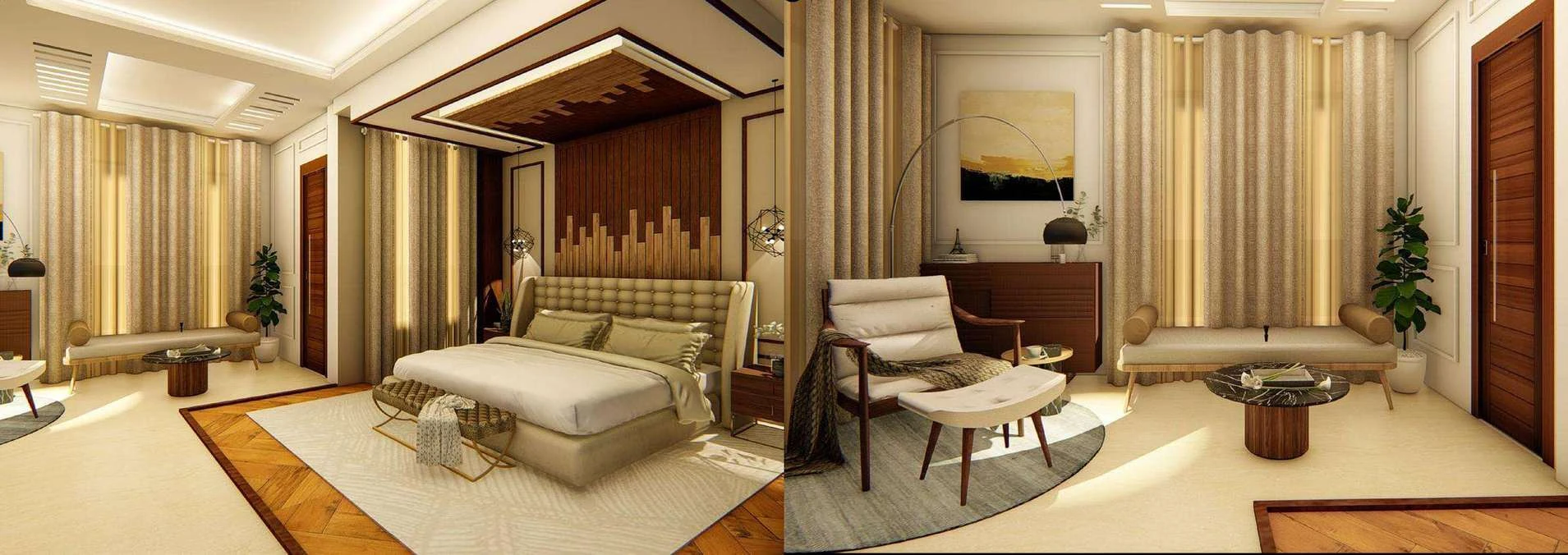 Master bedroom in warm neutral tones with a slatted timber headboard wall, and a reading corner with armchair, foot-rest and floor lamp.
